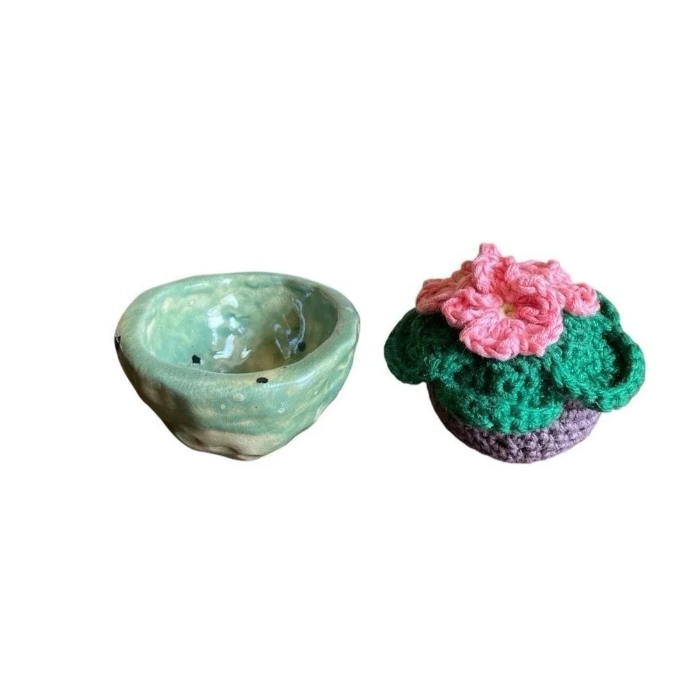 Crochet African Violet in Clay Vase Pink Flowers Handmade Crocheted Plant Decor